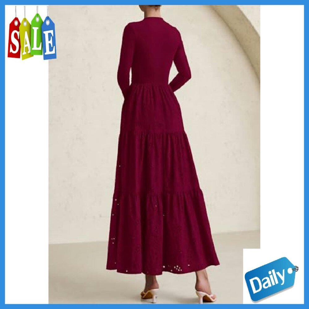 Long Sleeve Maxi Dress Mock Neck Eyelet Embroidery A-Line Wedding Guest - Picture 6 of 8